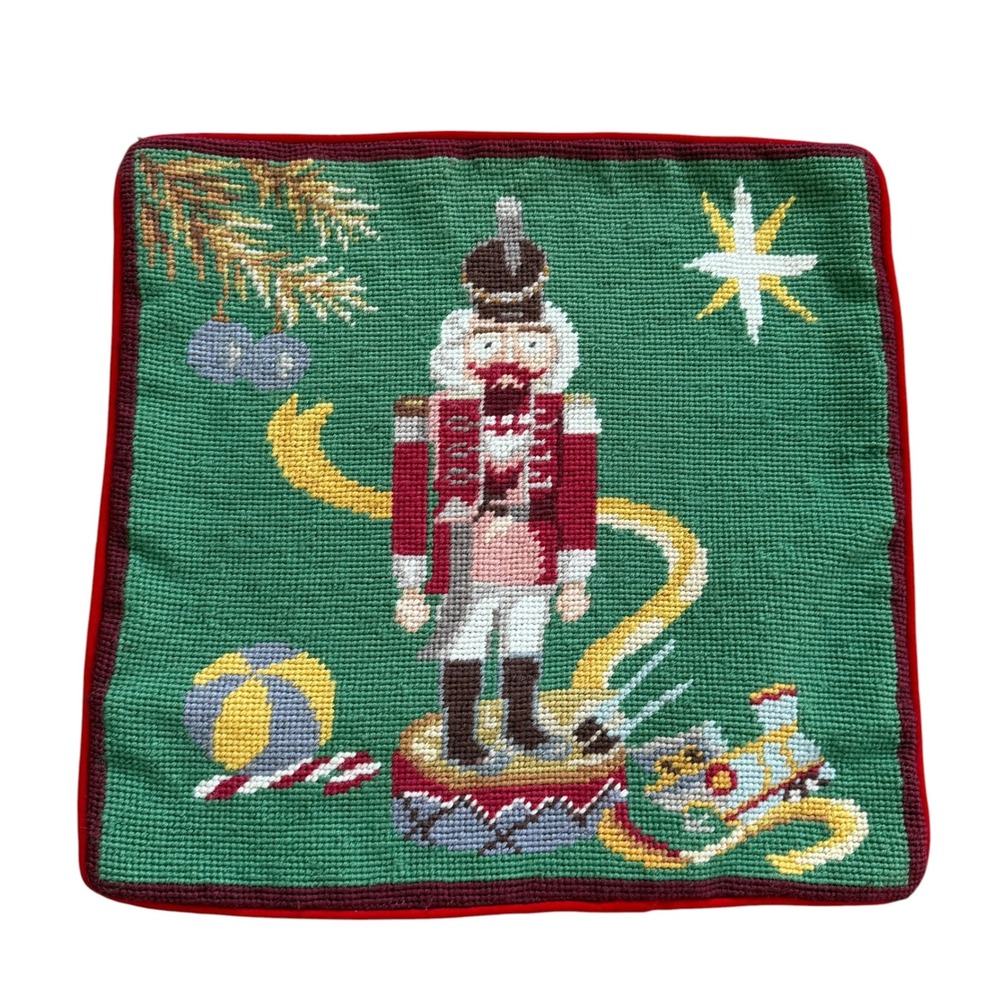 Vintage Nutcracker Needlepoint Pillow Cover‎ Christmas Holiday Red Velvet 13.5"